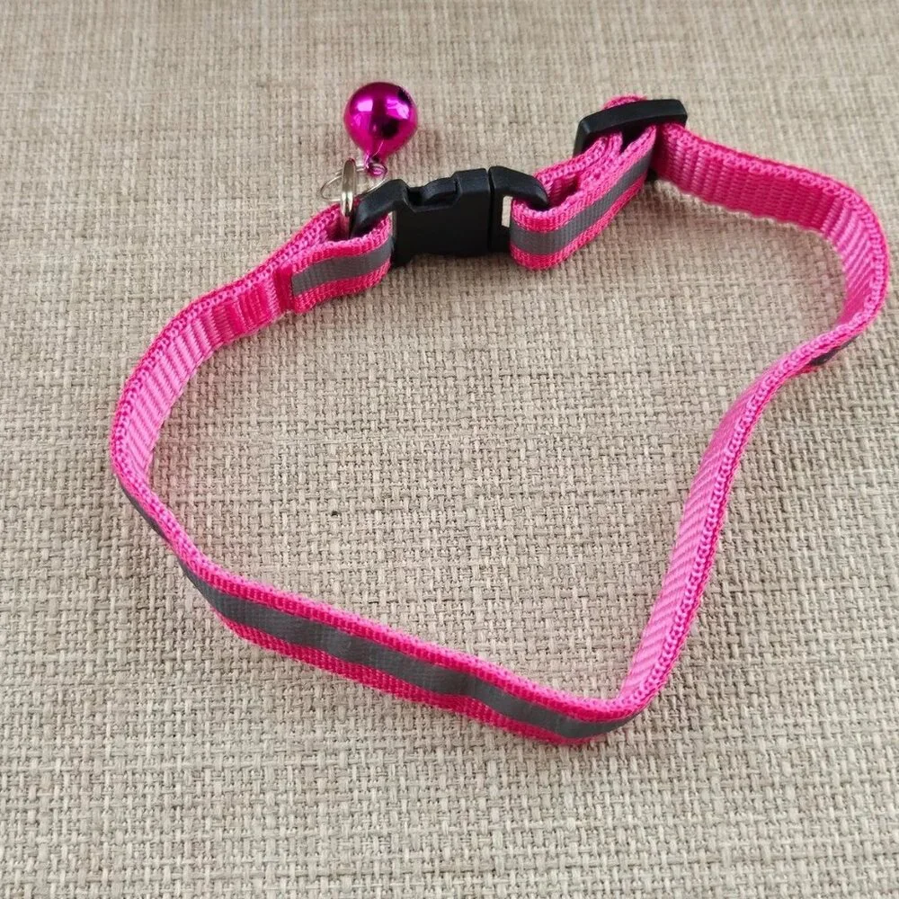 Cat Collar W/ Bell Pink/Gray Reflective Nylon Cat Safety Collar Size Adjust
